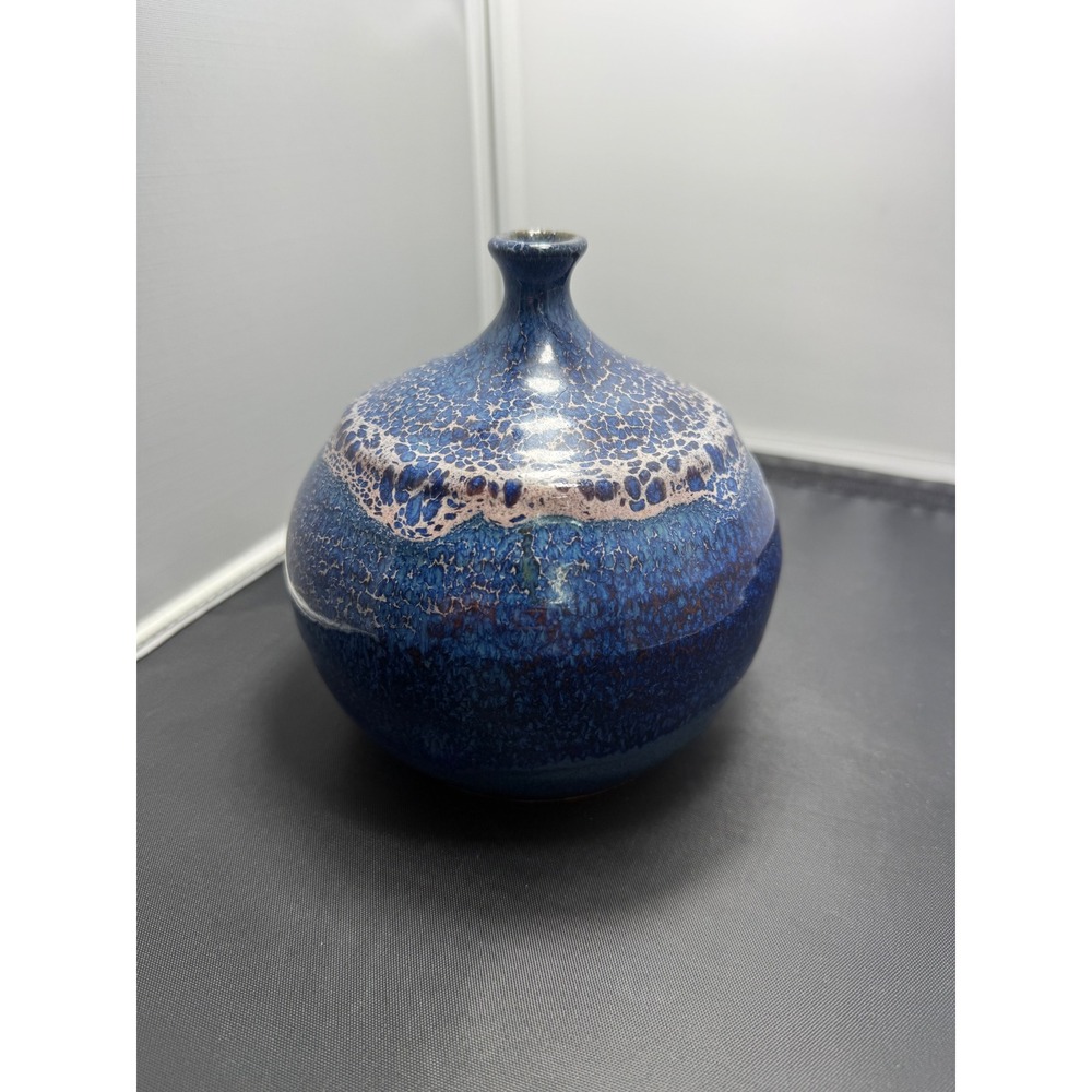 Vase Mid Century West German Fat Lava Pottery Blue cobalt indigo Drip Glaze 5.5"